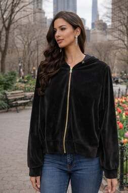 Magaschoni Women's Black Velour Full Zip Hoodie with Gold Hardware, Size XL